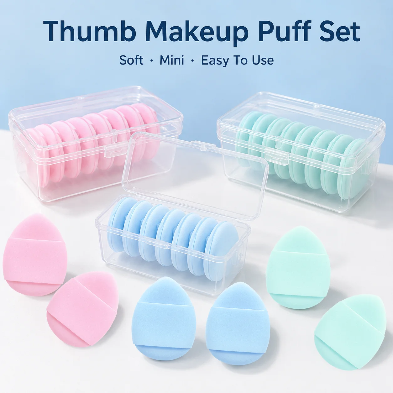 9pcs Portable Finger Powder Puff Suit, mini Water Drop Powder Puff Makeup Does Not Stick Powder, with Transparent Storage Box.