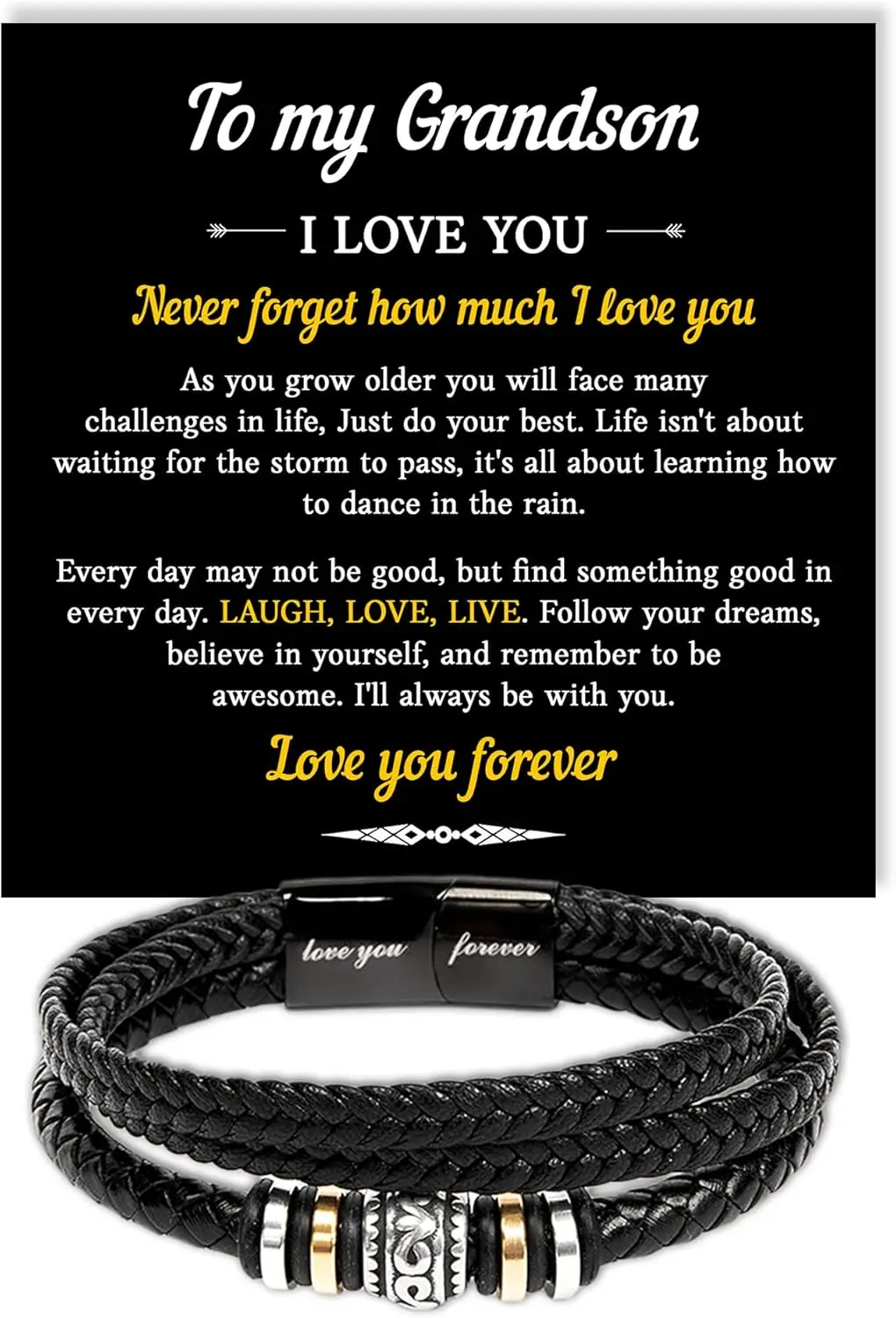 To My Grandson Leather Bracelet – Meaningful Gift from Grandma or Grandpa Inspirational Message Wristband for Birthday Christmas