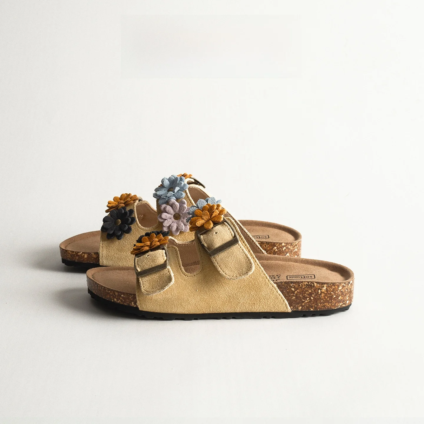 Genuine Leather Vintage Flower Cork  Women's Summer Outdoor Fashion Casual Beach Toe-Open  Sandals
