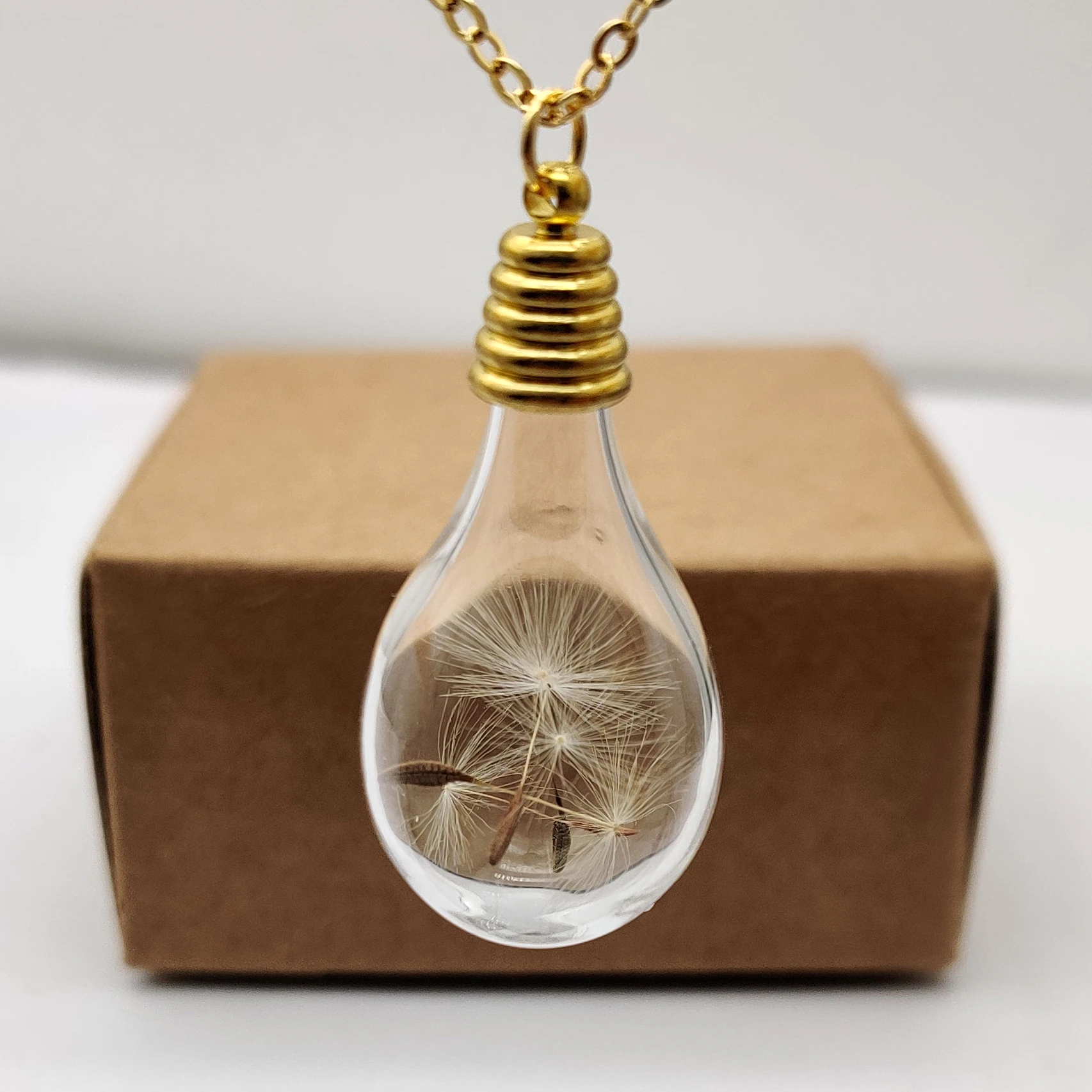 Dandelion Make a Wish Waterdrop Glass Pendant Gold Color Chain Necklace Women Boho Fashion Jewelry Bohemian Vintage Handmade