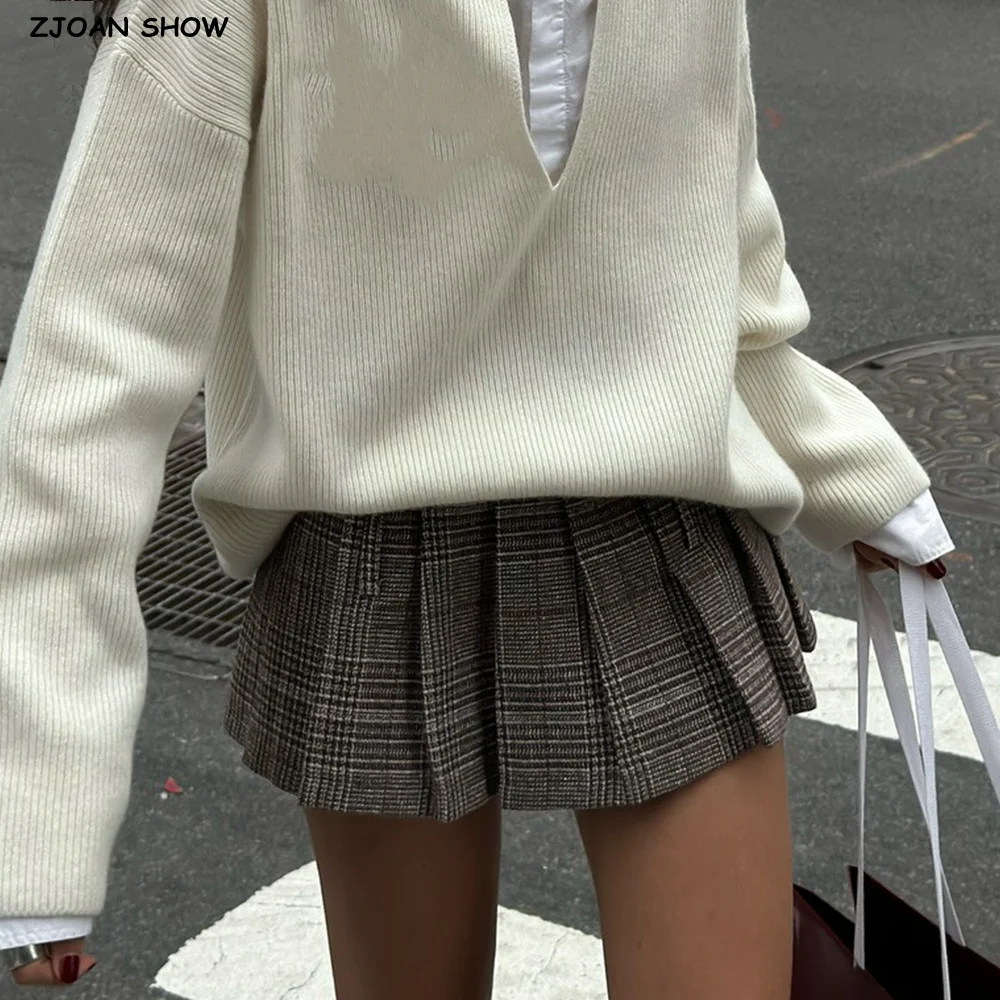 Women Side Zipper Waist Plaid Tweed Mini Pleated Skirt The Spice Girls Ruched Hem A-line Short Skirts with Shorts Lining