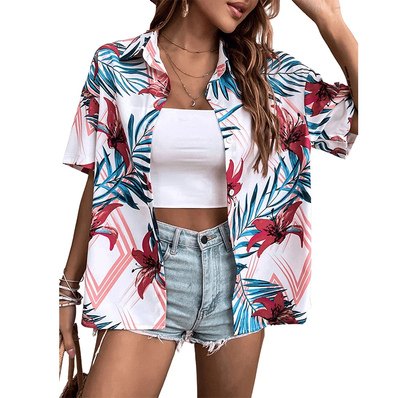 Hawaii Tropical Plants Floral Beach Shirts 3D Print Women Short Sleeve Shirt Button Tops Oversized Holiday Blouse Woman Clothing