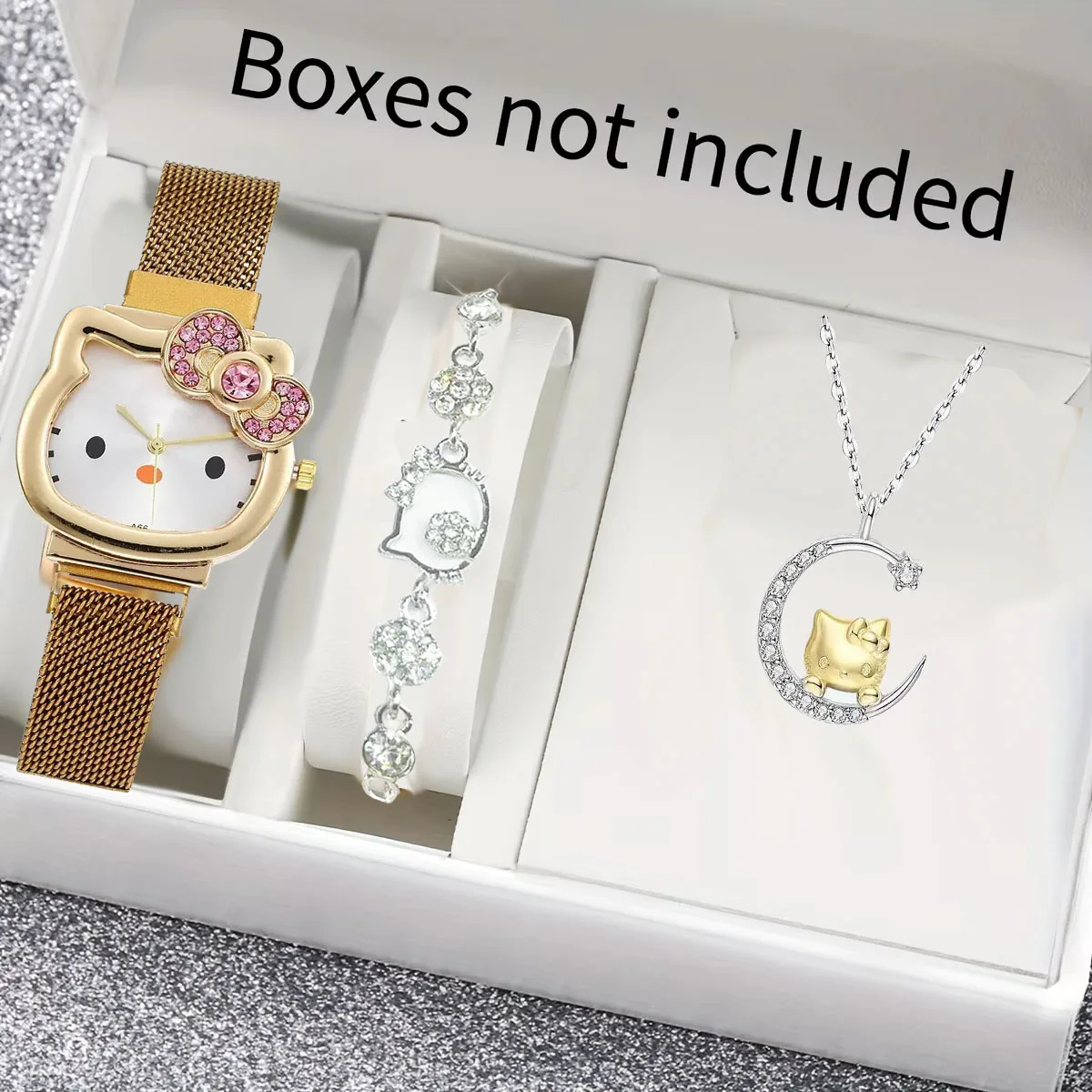 3 unids/set Kawaii Hello Kitty relojes de mujer con lazo de diamante de Metal reloj de mujer regalos de cumpleaños para estudiantes con collar y pulsera