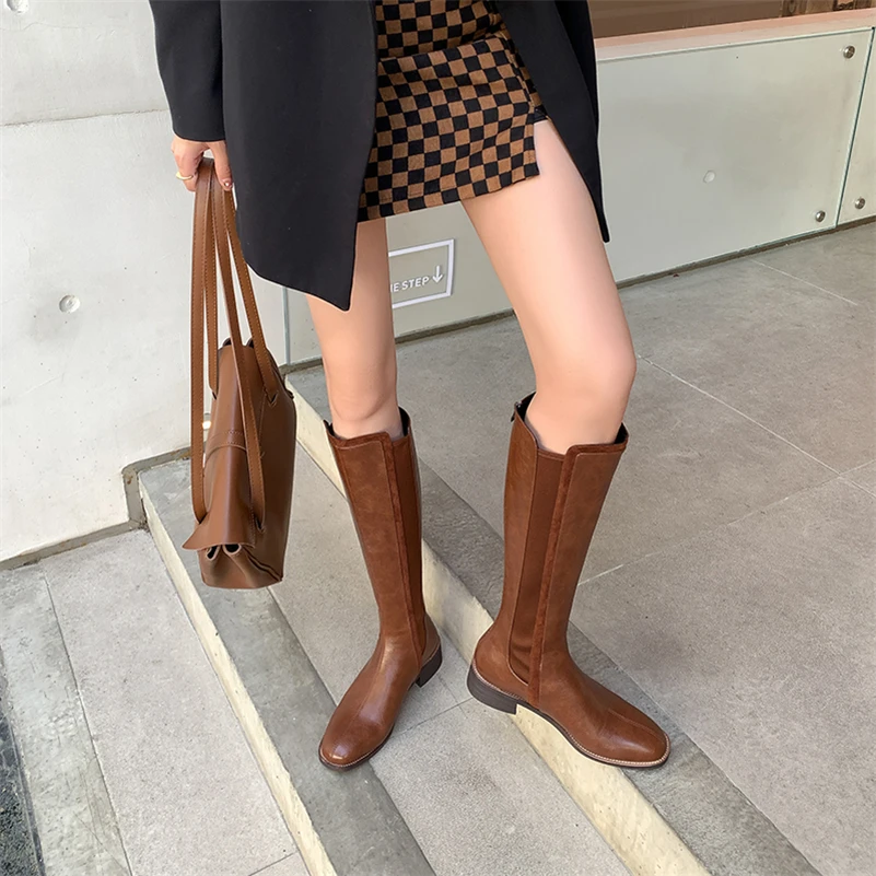 Meotina Women Genuine Leather Knee High Boots Round Toe Block High Heel Zipper Ladies Long Boot Autumn Winter Shoes Brown 40