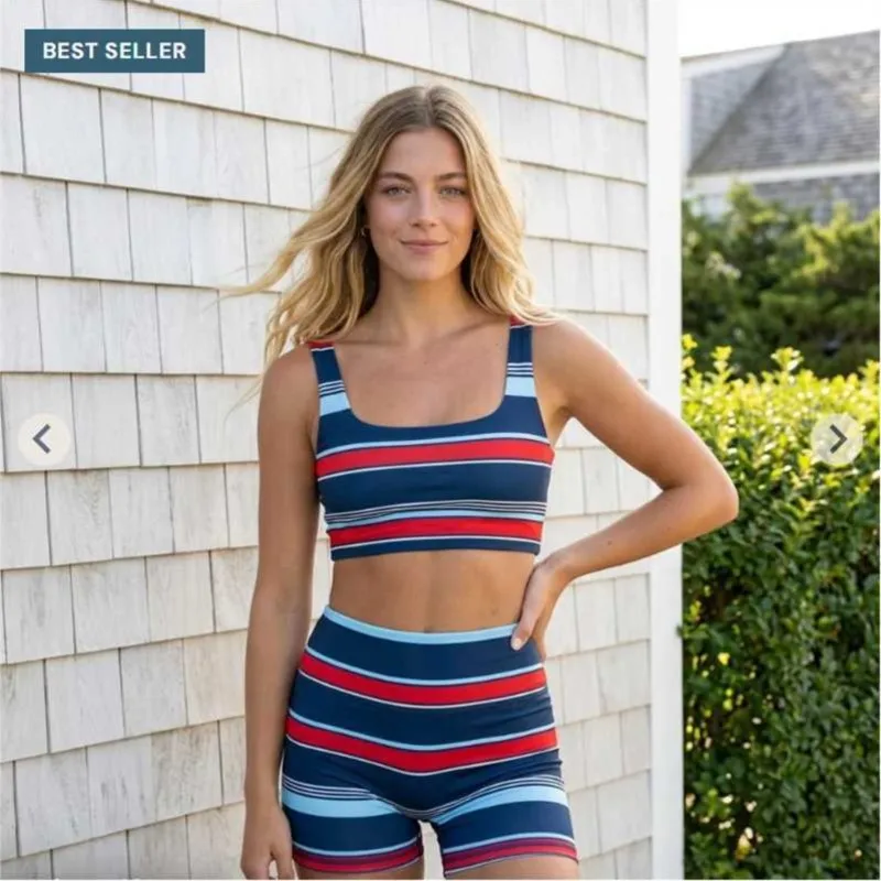 Rainbow Stripe Summer Bikini Set Retro Navy Blue Spicy Girl Swimwear Tank Top And Bottoms Separate Sets Casual Fashion Beachwear