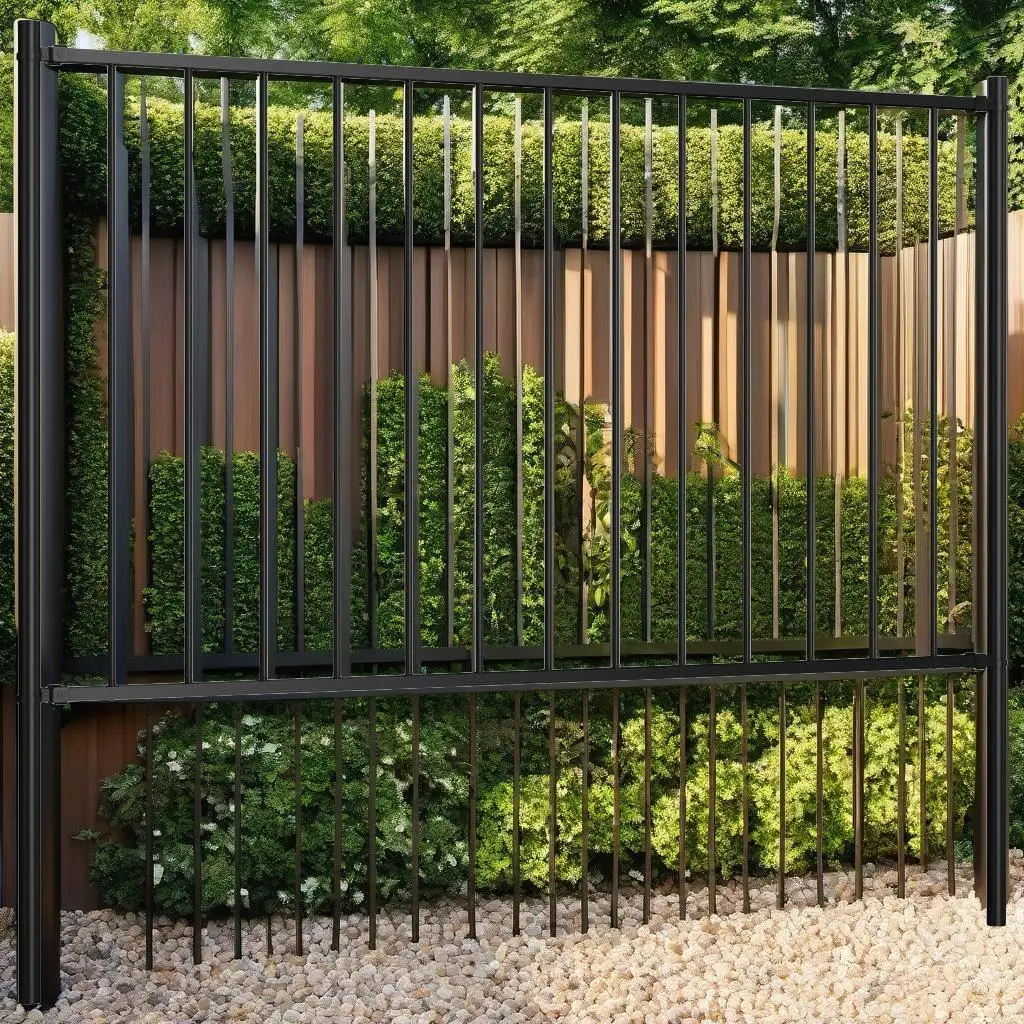 1.7x1m Black Powder-Coated Steel Fence Panel with Posts - Durable Outdoor Security Solution