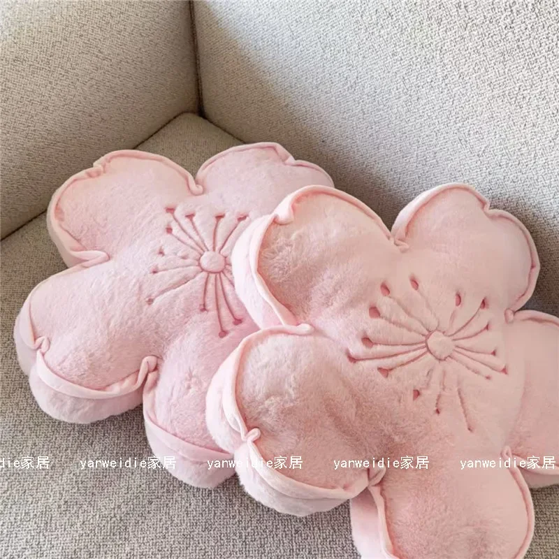 Soft Fluffy Cherry Blossom Cushion Cute 3D Sakura Flower Plush Pillow Pink Floral Throw Pillow Sofa Car Office Lumbar Support