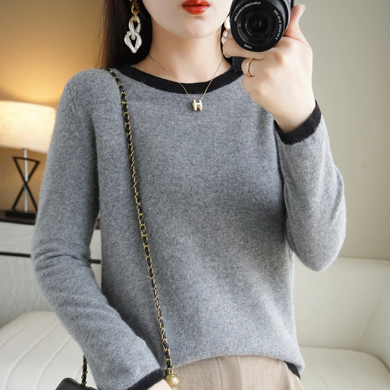 2023 New O-Neck Cashmere Sweater Women Long Sleeve Autumn and Winter Knit Pullover Solid Color Cashmere Base