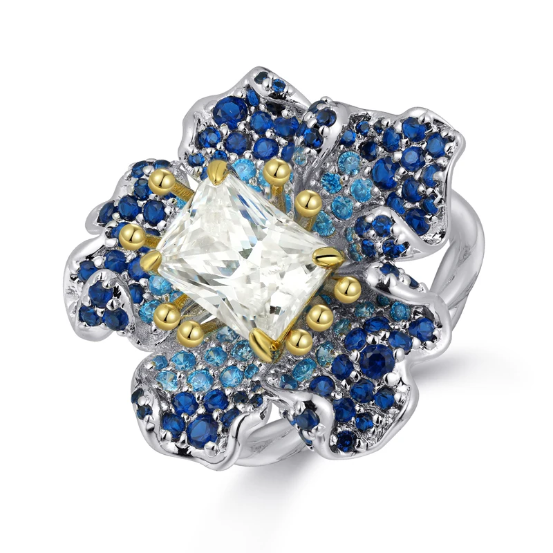 KOSE Luxury 925 Sterling Silver Ring Sapphire Ruby Sparkling Zircon Flower Shape Ring for Women Wedding Bridal Fine Jewelry Gift