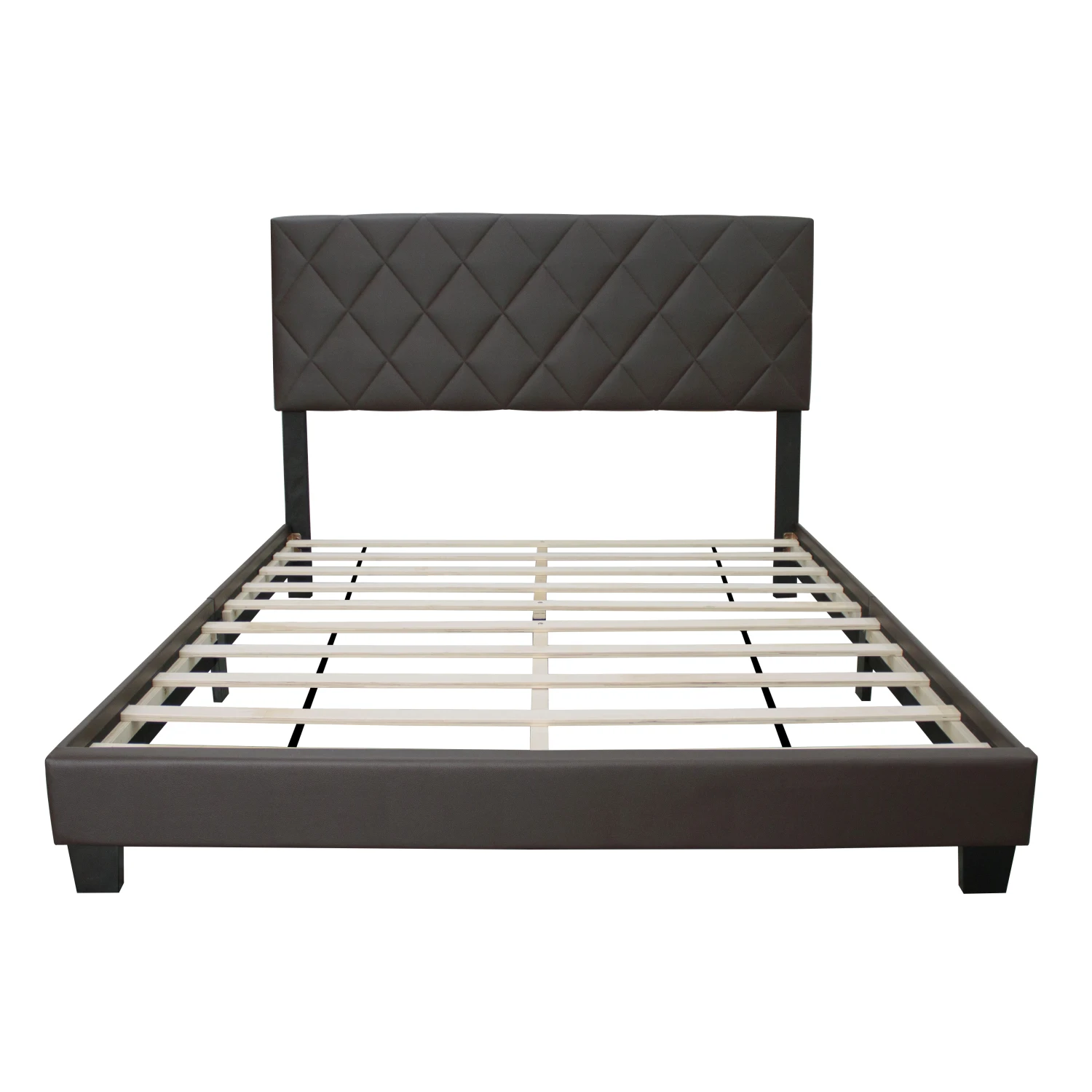 BROWN QUEEN SIZE ADJUSTABLE UPHOLSTERED BED FRAME STAIN RESISTANT PVC LEATHER PLAID DESIGN SIMPLE STYLE