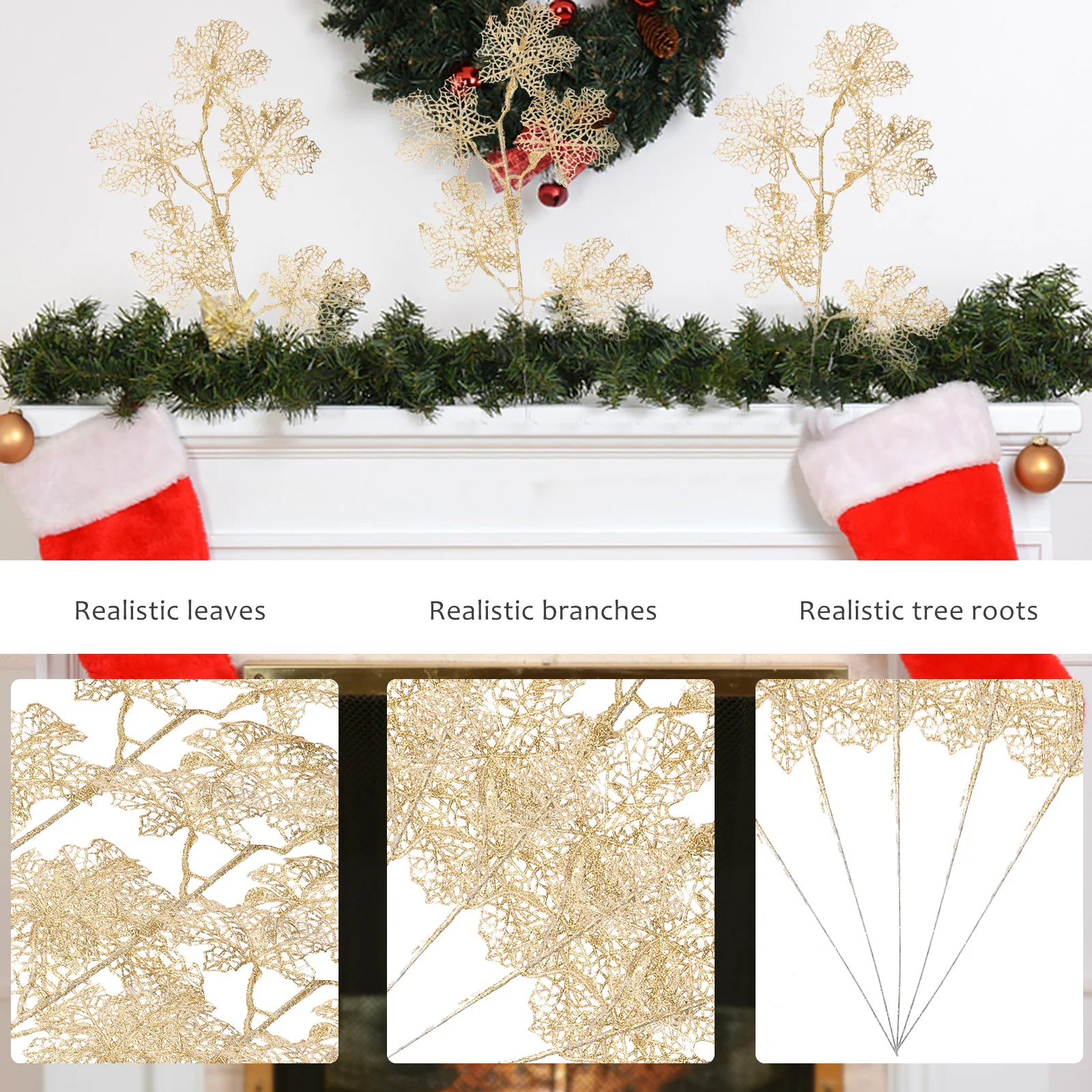 

5Pcs Decorative Leaves Xmas Party Accessories Shining Flash Powder Practical Use Artificial Leaves Christmas Supplies