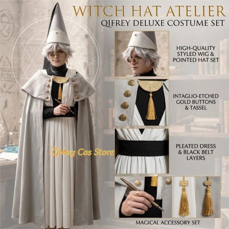 OMag Cos Store Conjunto de Fantasia Cosplay Atelier Qifrey com Chapéu de Bruxa, Traje de Personagem de Anime e Jogo Qi Fuli para Halloween, Carnaval e Festas