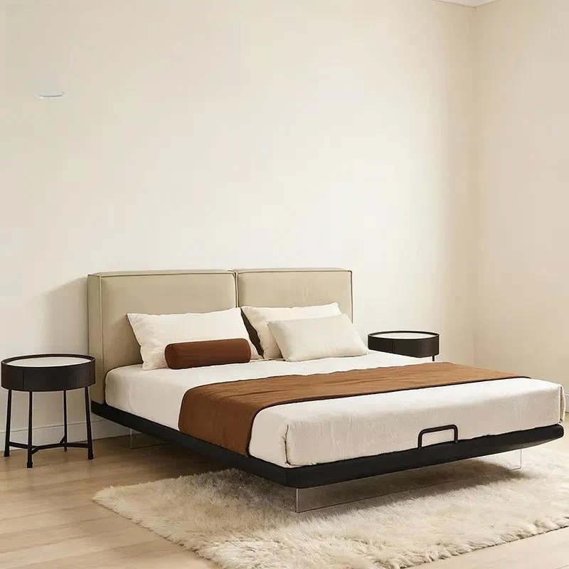 Modern Split Headboard Bed with Floating Lighting Leather Upholstered Solid Frame for Villa Hotel Home Furniture