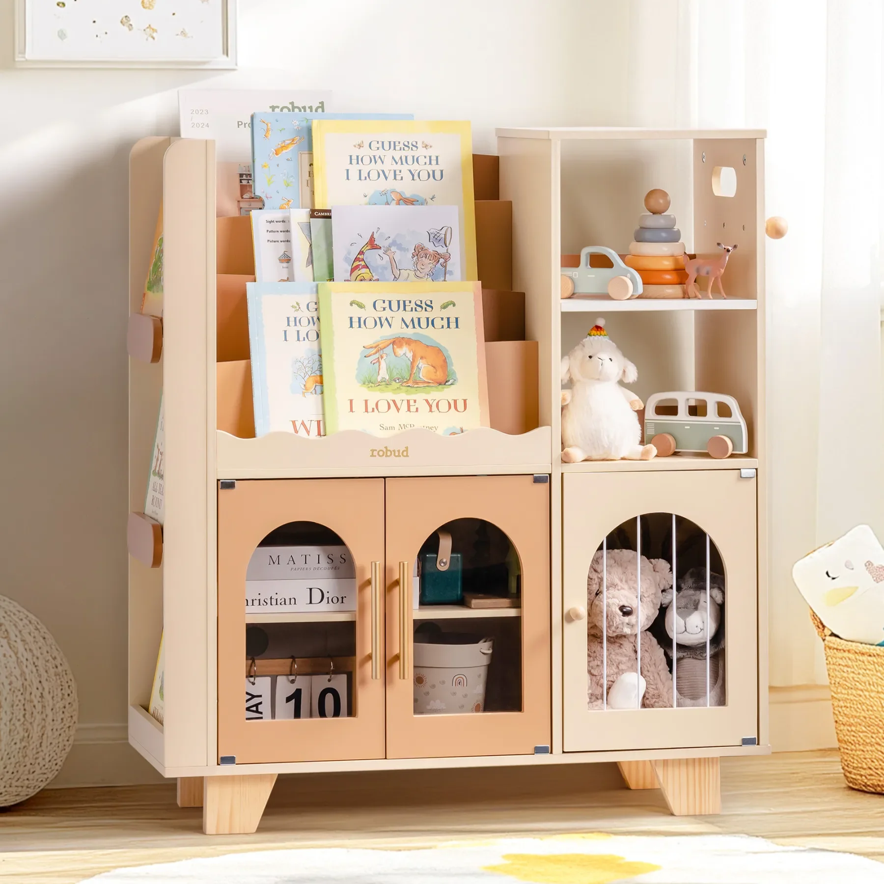 Robotime Robud Kids Wooden Bookshelf All-in-1 Kids Toy Storage Organizer 6 Cubby Bookcases Toy Chest Finish Space-Saving Caramel