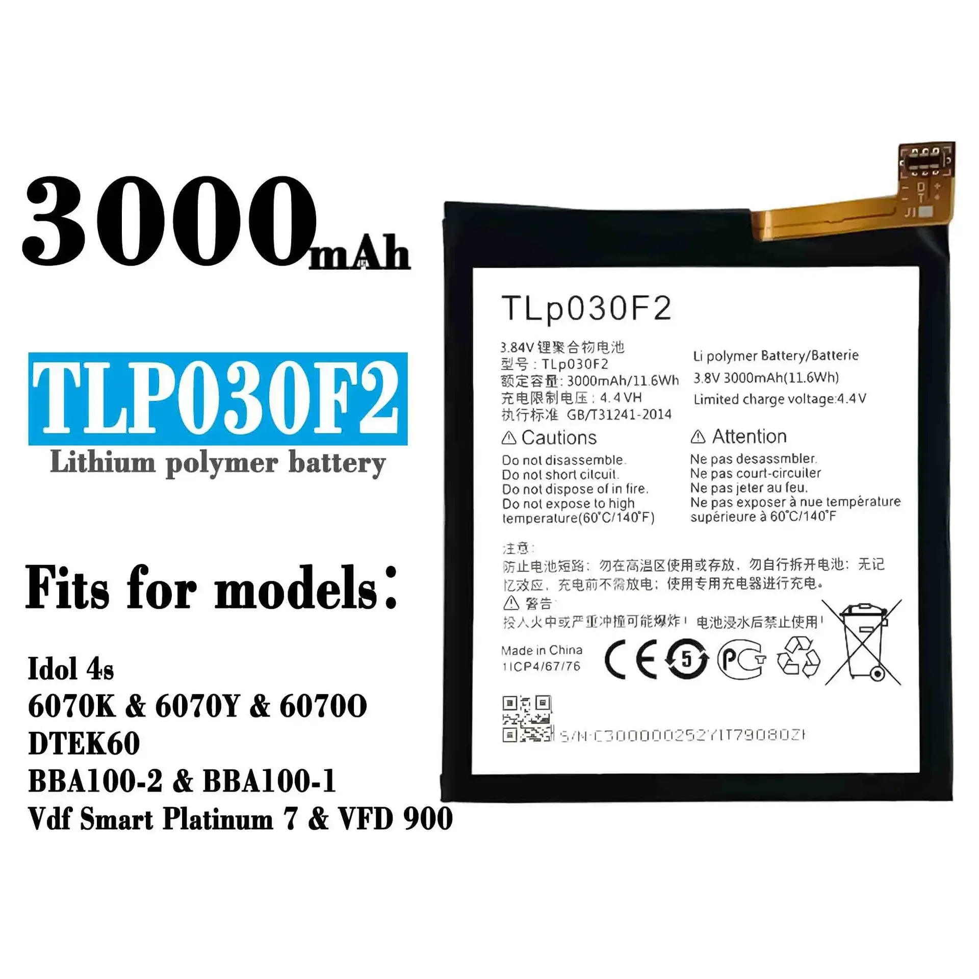 TLP030F2 High Quality Replacement Battery For Alcatel IDOL 4S 6070k 60700 DTEK60 BBA100-2 VFD 900 Lithium New Batteries