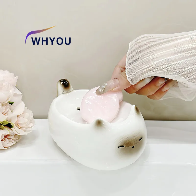 WHYOU Cute Cat Ceramic Soap Dish Holder Drain Portable Home Bathroom Hotel Soap Box Tray Bathroom Accessories Crafts Gift