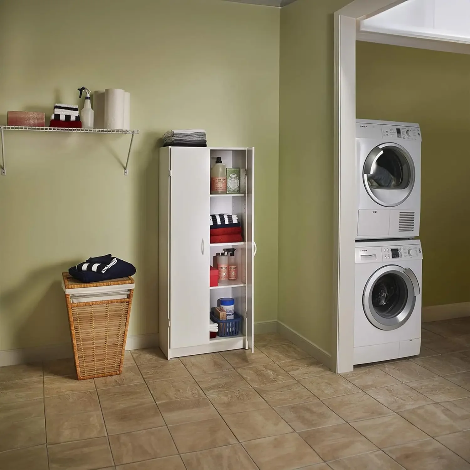 Pantry Cabinet Cupboard with 2 Doors, Adjustable Shelves, Standing, Storage for Kitchen, Laundry or Utility Room, White