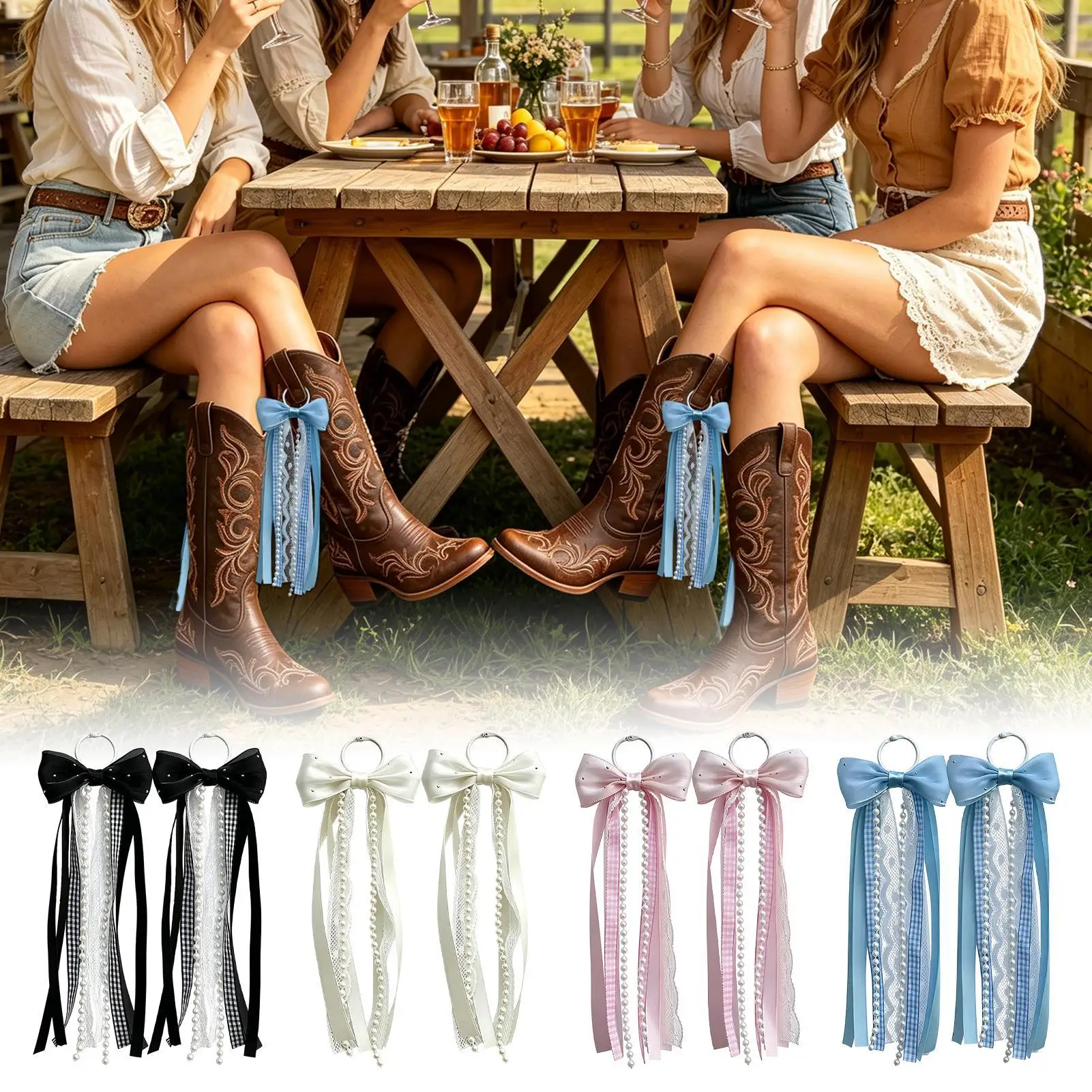 Boot Ribbons For Cowboy 2 Pieces Classic Ribbon Lace Bows Decor Cow Boot Decor For Girls Western Country School Dance Party