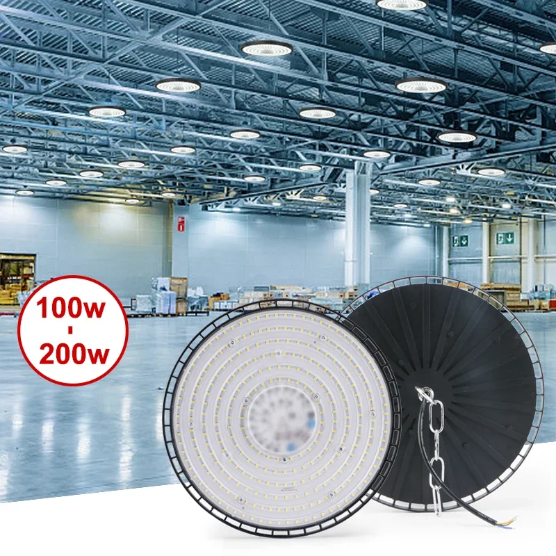 Newest 100/150/200W 220V High Bay Lights UFO LED Warm/White Lights Warehouse Garage Lights Super Bright Industrial Lighting Hot