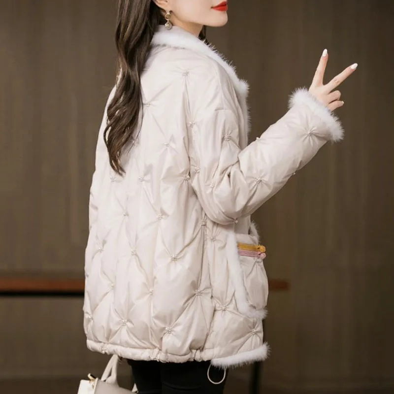 2024 Down cotton Jacket Women Casual Stand Collar with Fur White Jacquard Single Breasted Comfortable Long Sleeve Puff Jacket