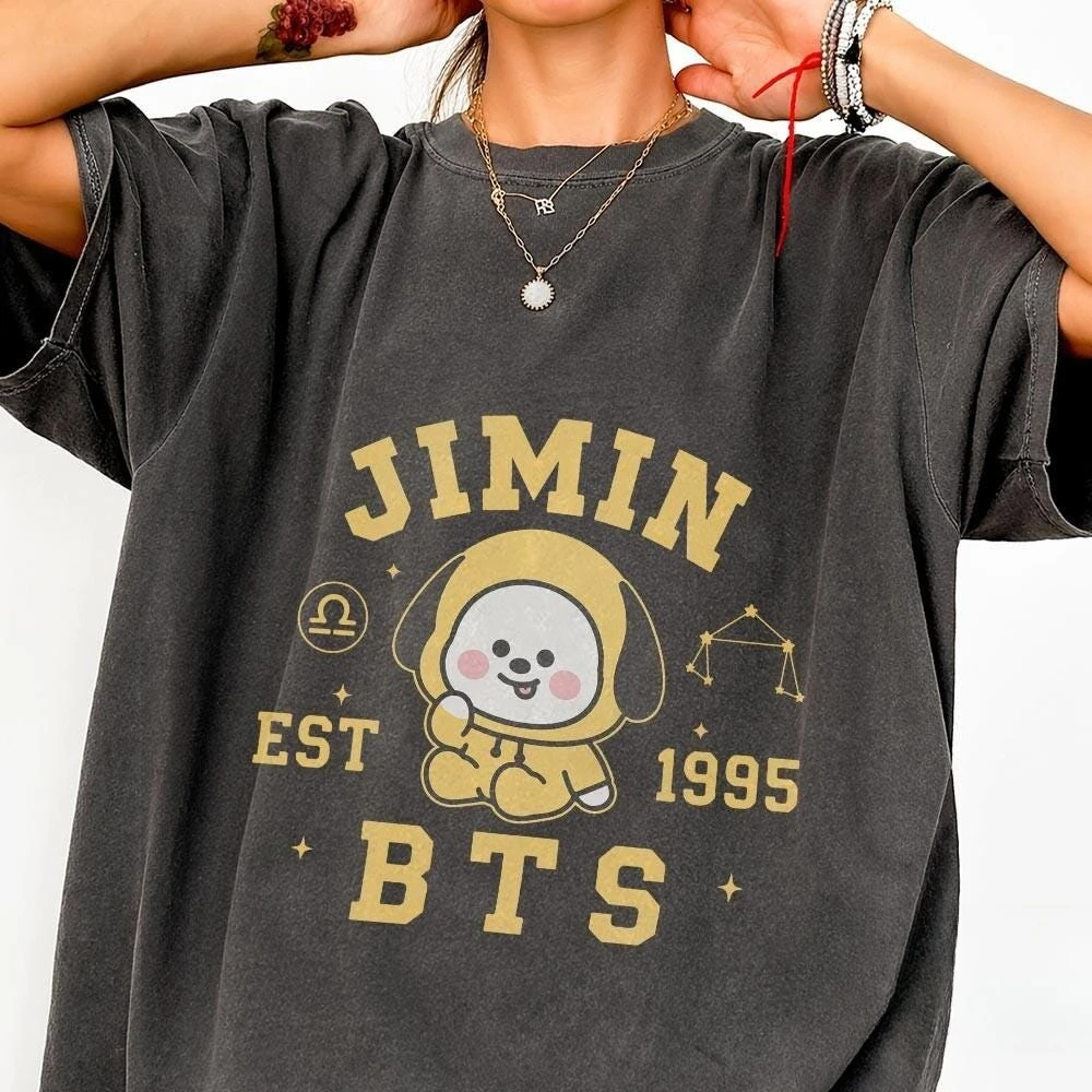 Camiseta Unissex BTS Jimin BT21 CHIMMY Gráficos 100% Algodão, Moda Feminina Nova da Banda Kpop Coreana Arirang World 2026 Tour