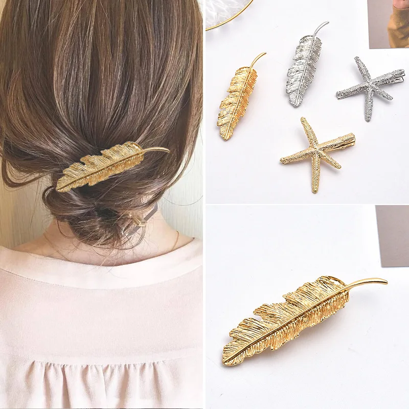 Hair Claws Alloy Vintage starfish Feather Leaf Shaped Hair Pins Fashion Elegant Geometric Clips Horsetail clip Hair Accessories