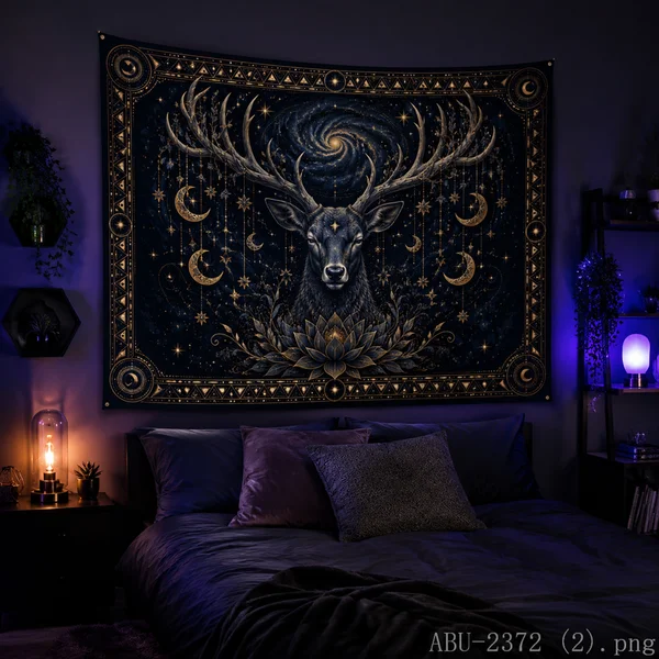 VIKAMA Cosmic Deer Tapestry Moon Phase Lotus Galaxy Starry Sky Wall Hanging Spiritual Witchy Boho Home Wall Art Decor
