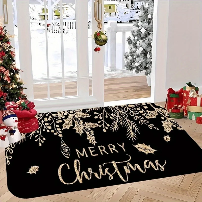 Merry Christmas Doormat Golden Bell Holly Poinsettia Candy Cane Gift Print Holiday Indoor Entry Home Decor