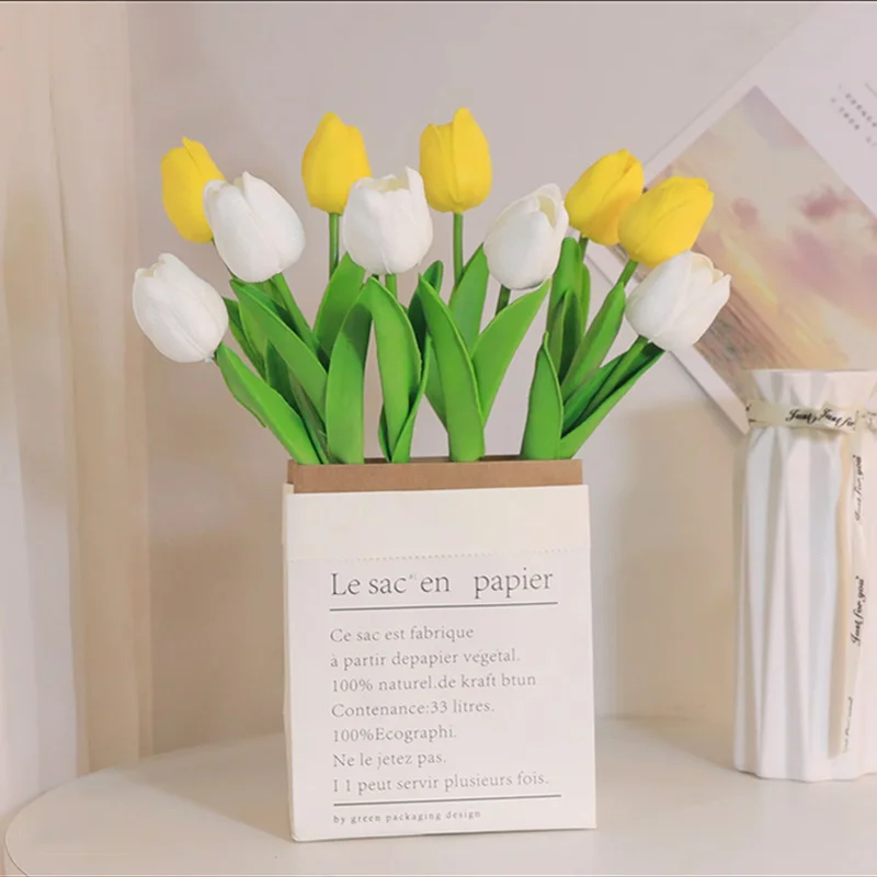 10Pcs Real Touch Artificial Tulips, PU Fake  Tulips with Long Stem, Faux Flower Bouquet for Home Decor, Wedding Centerpieces, Ta