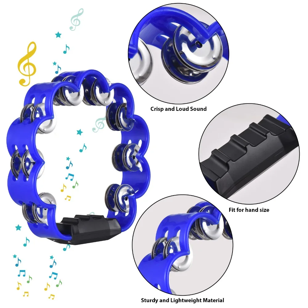 2PCS Double Row Jingles Hand Cranked Tambourine Non-Slip Grip ABS Metal Jingle Tambourine Blue Double Row Tambourine