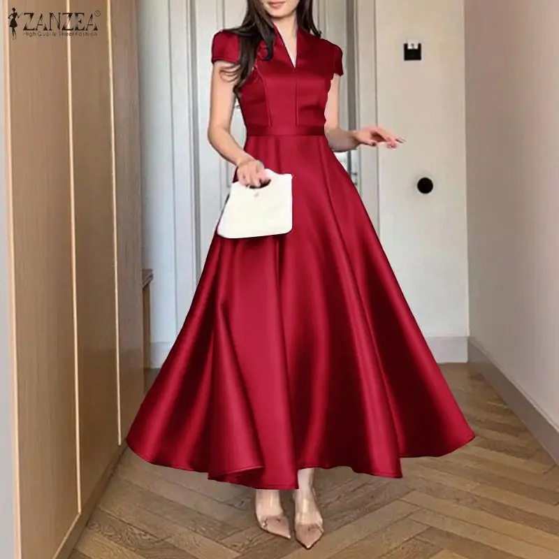ZANZEA Elegantes Satin-Partykleid für Damen, V-Ausschnitt, kurze Ärmel, figurbetontes, ausgestelltes Abendkleid, elegante lange Maxikleider für Damen