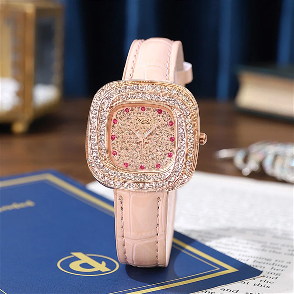 Fashion Square Ladies Luxury Full Star Diamonds Quartz Watch Casual Pink Leather Women\'s Gift Clock Wristwatch