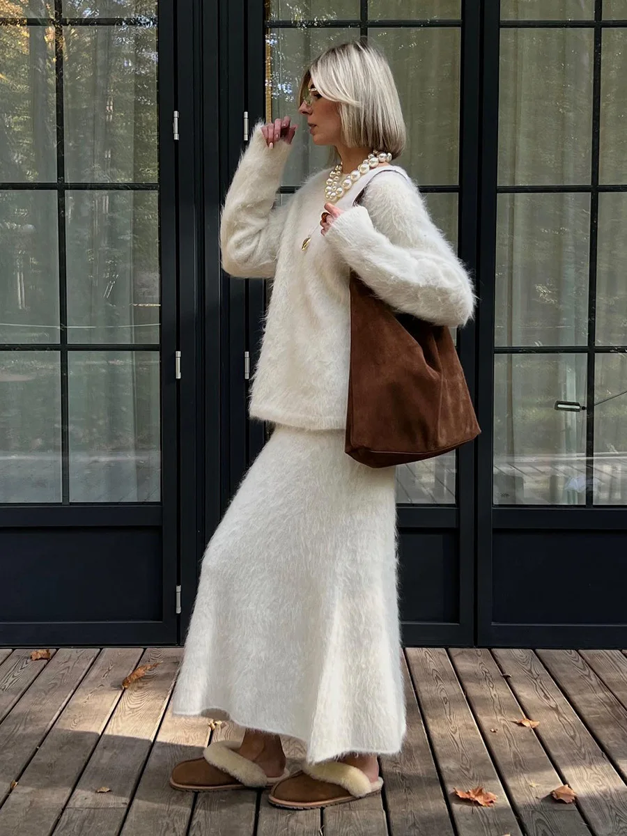 Blubelle inverno moda lã malha streetwear conjunto de 2 peças pulôver oversized saia de cintura alta feminino roupa casual