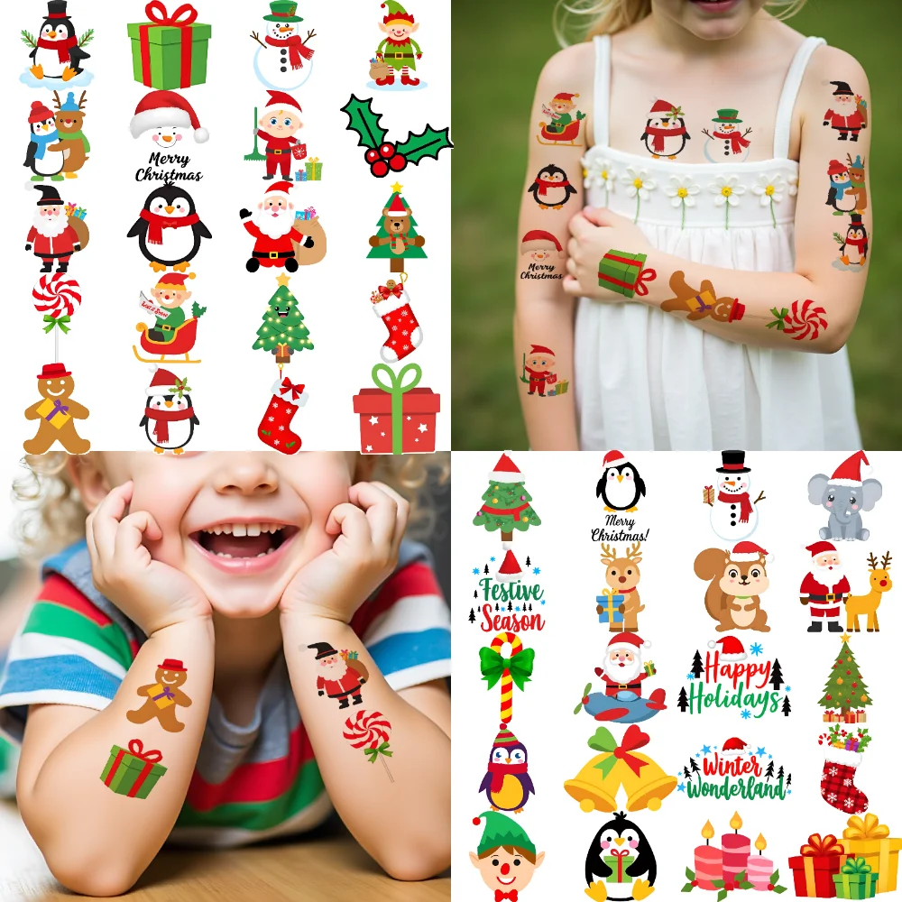 63pcs Temporary Tattoo Christmas Decorations Cartoon Holiday Stickers Winter Holiday Designs For Cheeks Arms