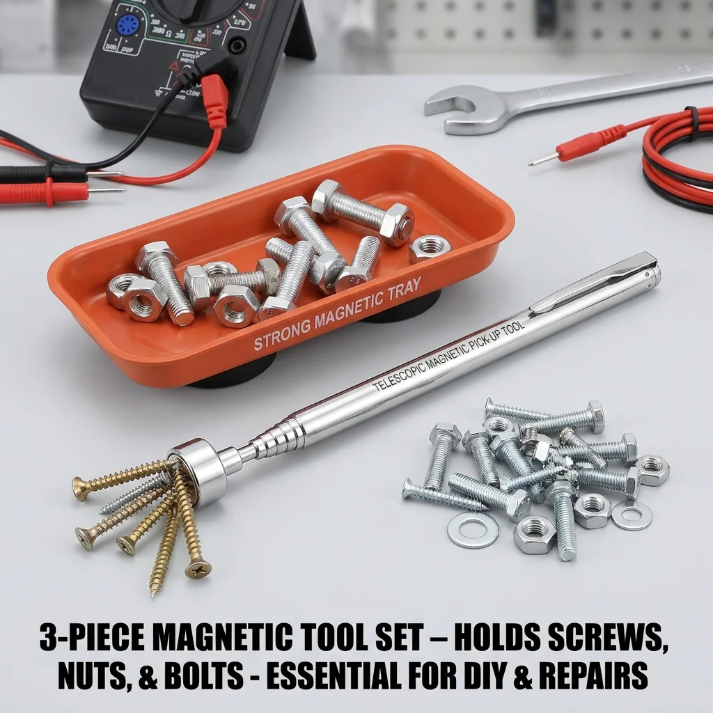 3-Piece Set (2 Trays + 1 Magnetic Picker) Heavy-Duty Magnetic Parts Tray Set - Non-Slip Storage Tray for Storing Screws, Nuts, B