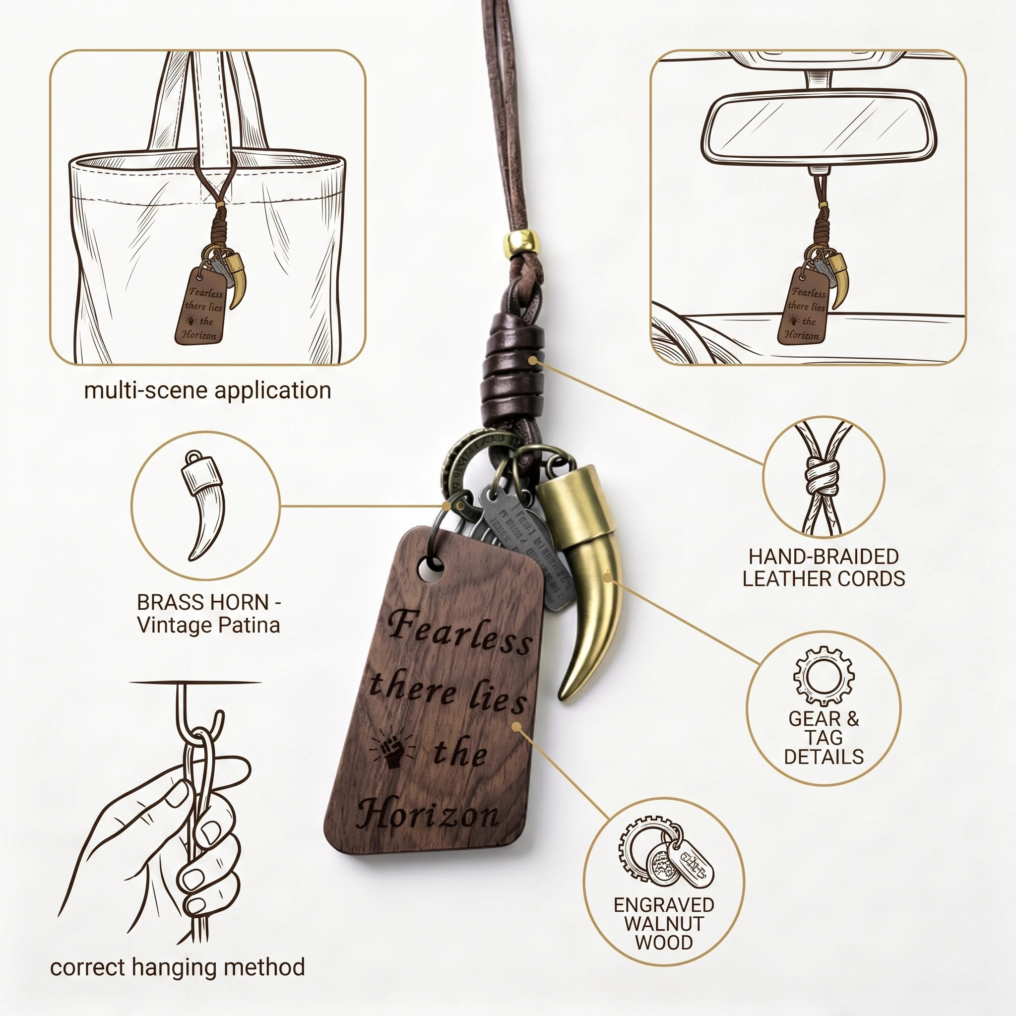 Vintage Two-Tone Horn Car Rearview Mirror Hanging Engraved Fearless Horizon Wooden Tag Leather Cord Backpack Pendant Gift forMen