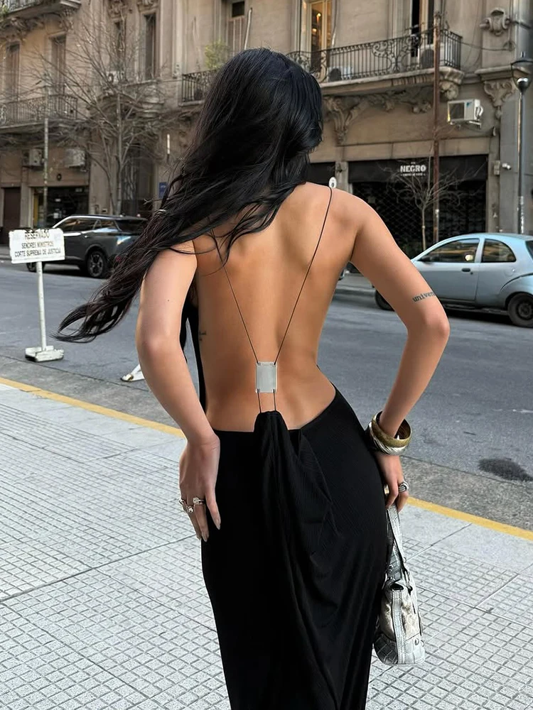 Kliou Sexy mode Robe longue femme col bas sans manches métal Patchwork dos nu Robe fille chaude rue Style sauvage classique moulante