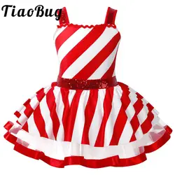 Kids Girls Sequins Striped Tutu Ballet Dance Dress Figure Skating Dress Christmas Party Candy Cane Stripe Performance Costume