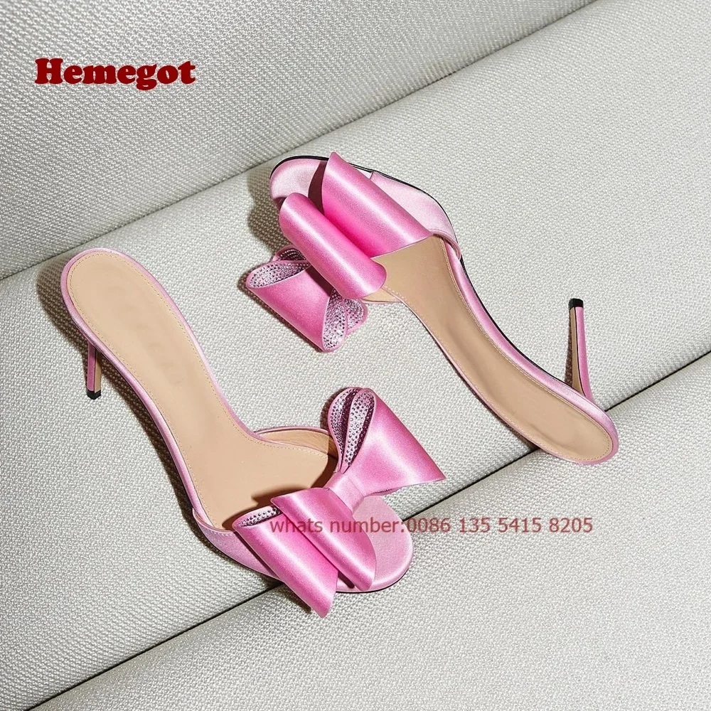 

Pink Satin Rhinestones Slippers Butterfly-Knot Crystals Thin Heel Women's Slippers 2024 Summer New Luxury Party Shoes Sexy