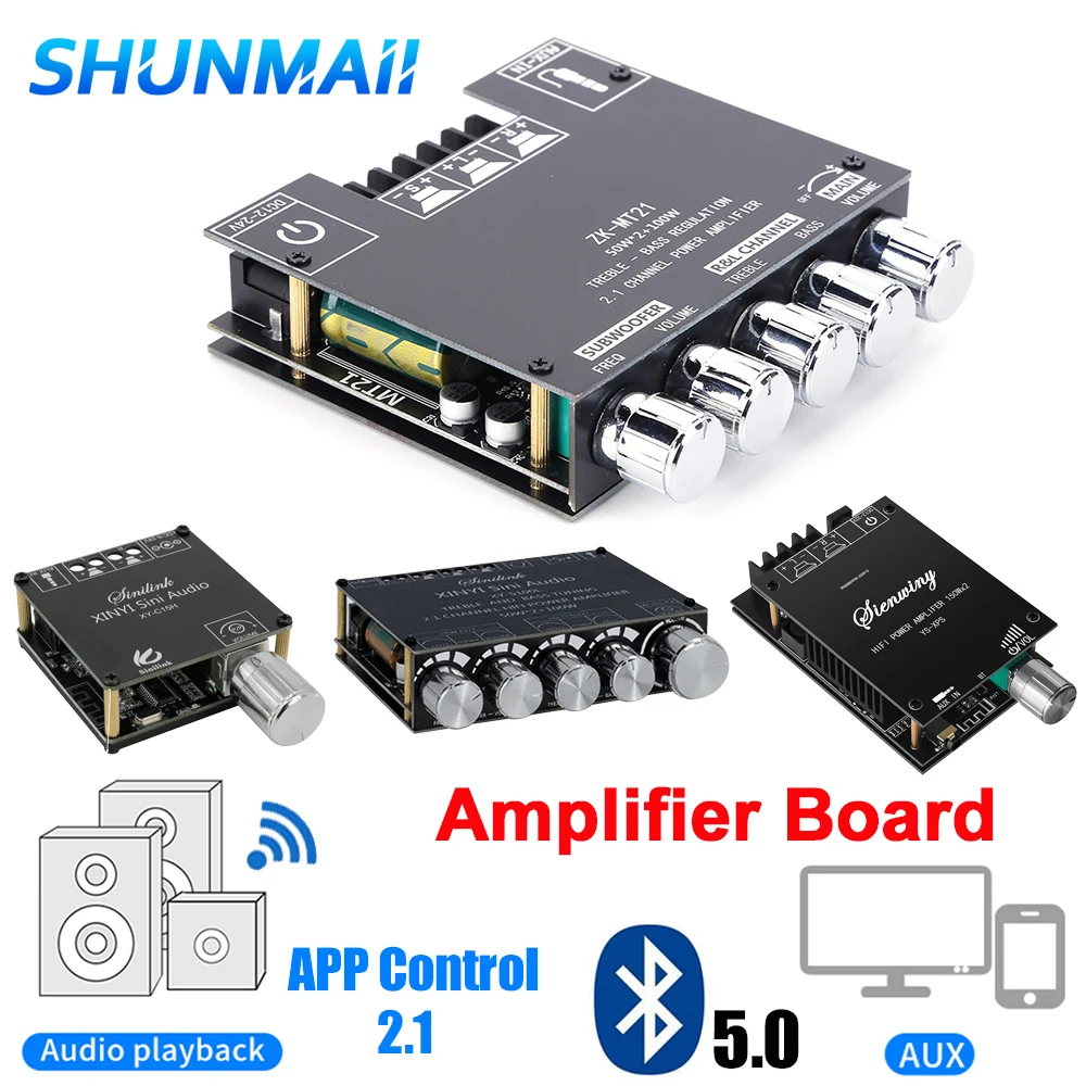 Bluetooth 5.0 2.1 Channel Power Audio Amplifier Stereo Subwoofer Amplifier Board 50WX2+100W Speaker Equalizer Bass AMP