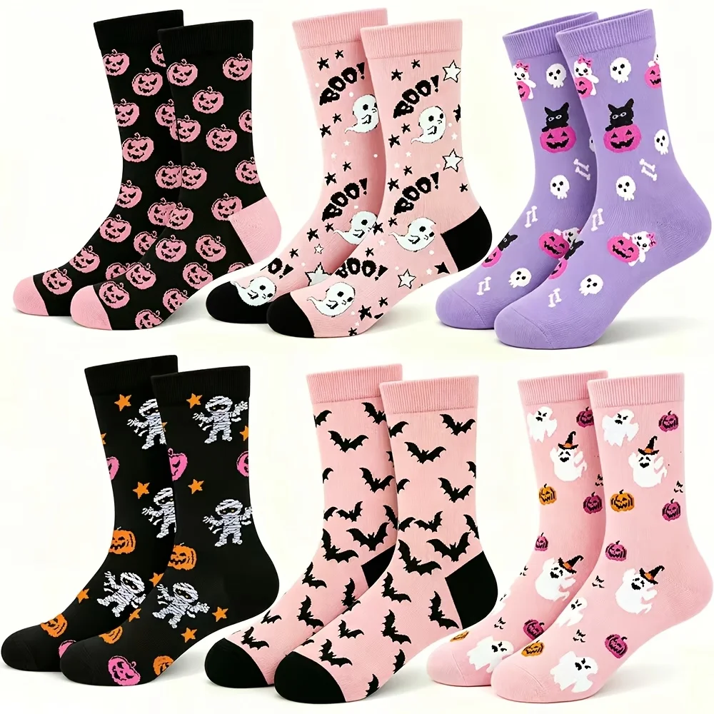6 Pairs of Socks with Random Designs, Women's Halloween Mid-Calf Socks with Cute Pumpkin, Ghost, Bat, and Mummy Prints, Festive Casual Fun Socks, Stylish Party and Holiday Outfits