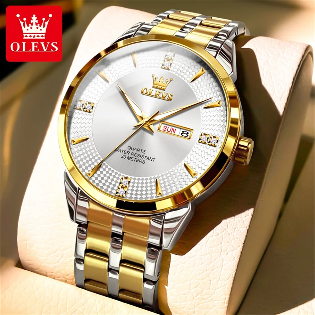 OLEVS 9917 Dual Calendar Quartz Watch For Men Diamond Luxury Dress Hand Clock Stainless Steel Waterproof Business Man Watches