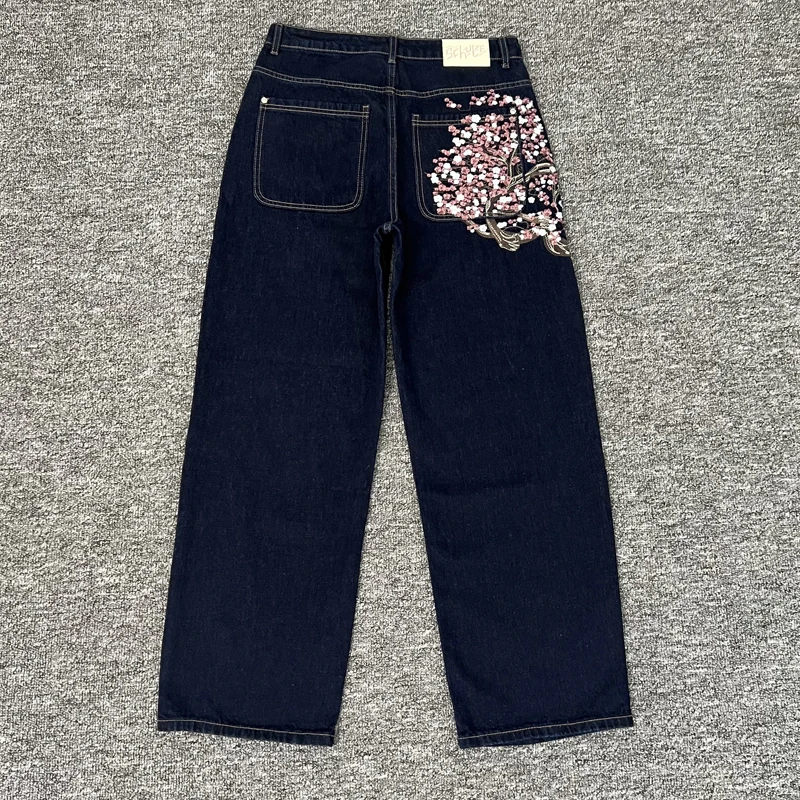 2025 신상 데르슈츠제 진 레트로 힙합 자수 패턴 배기 진 벚꽃 원시 데님 바지 남녀공용 Y2K 스트리트웨어