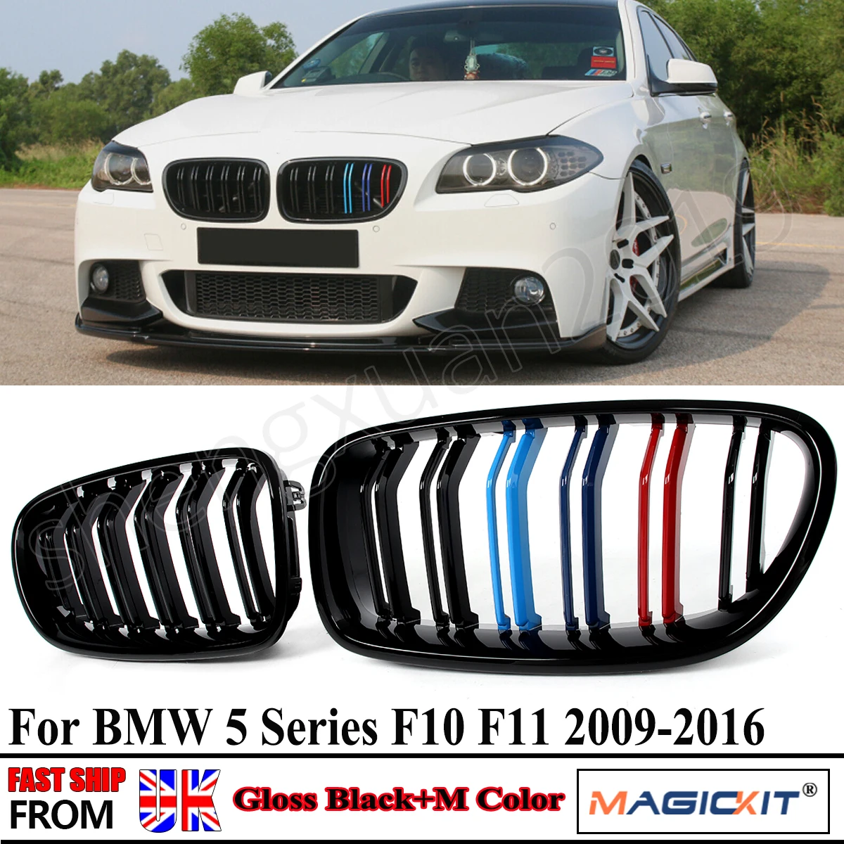 

Для BMW 5 серии F10 седан/M5 F11 Touring 2010-2016 передняя решетка почек гриль глянцевый черный M-цвет двойные рейки гоночные решетки