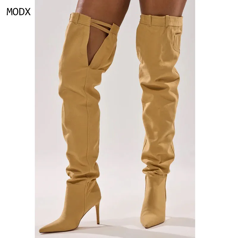 

2026 Women's Sexy High-heeled Pleated Over The Knee Banquet Boots, Women's Fashion Week Sleeveless Walking Shoes 44