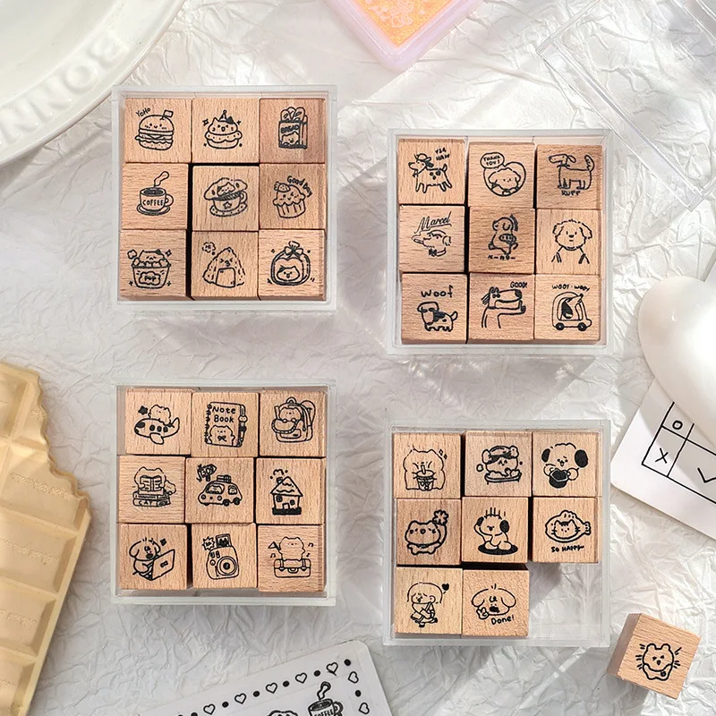 Juego de sellos de diario de madera de 9 piezas, sellos de personajes de dibujos animados, adorables suministros para álbumes de recortes