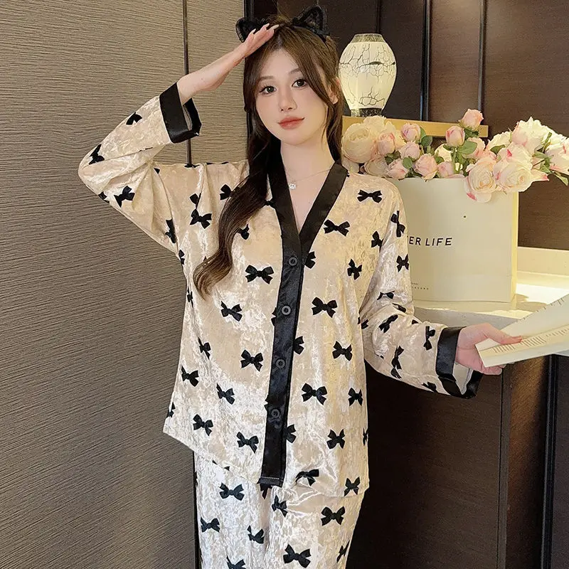 Gold Velvet Pajamas Spring Autumn Women Long Sleeve Large Size Homewear Two-Piece Suit Female Casual Printed V-neck Nightclothes