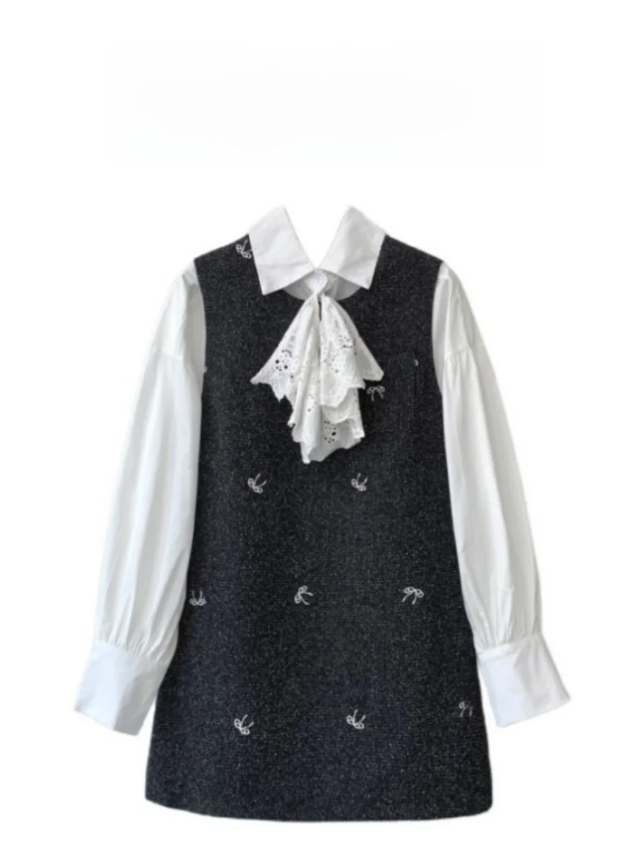 

Ms XIDU Knot Embroidered Vest Skirt Women's Autumn New Style Lantern Sleeve Bow Tie Shirt Layering Set Short Dress