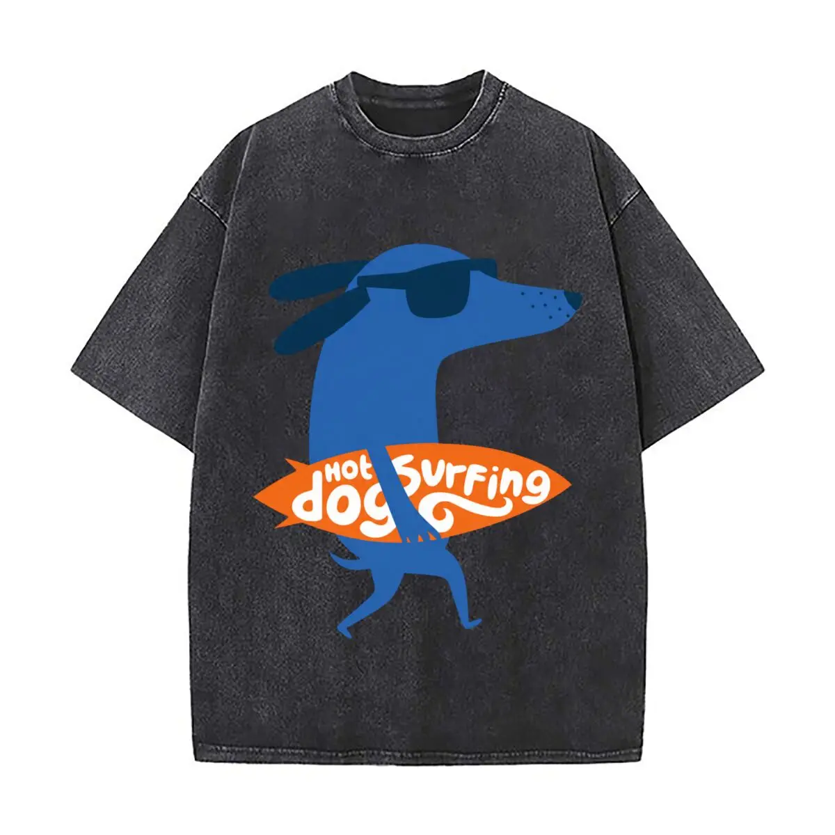 Hot Dog Surfing Blue Dog Sunglasses Graphic Distressed Faded Baggy Streetwear Tops for Park Hangouts