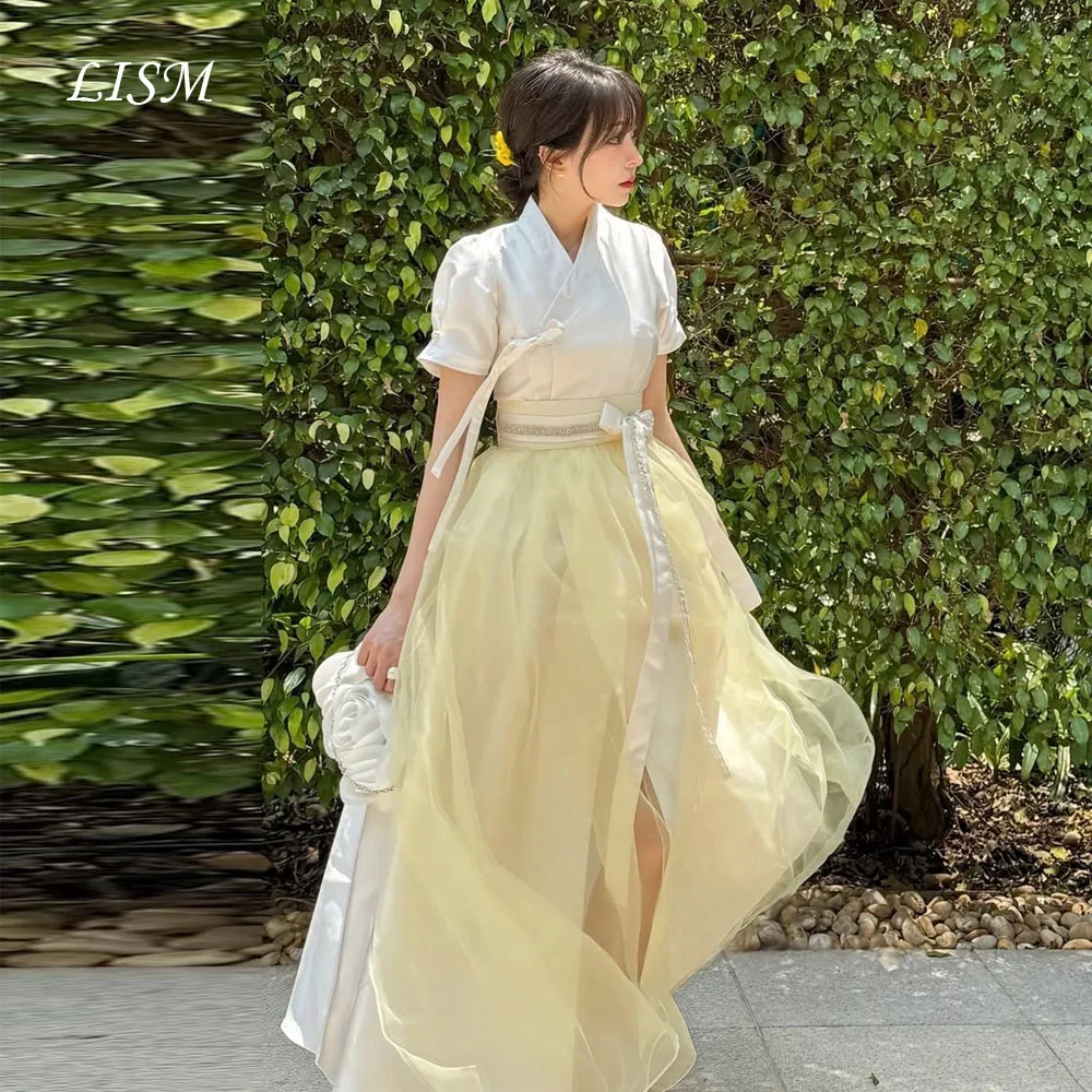 

LISM Customized Yellow Hanbok Korean Wedding Dresses V-Neck Short Sleeves Evening Party Dress Prom Gown High Slit 웨딩드레스